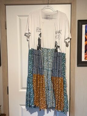 Graphic Tee + Patchwork Maxi Dress with Blue and Mustard Floral Panels